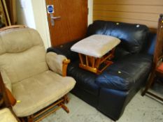 LARGE MODERN BLACK LEATHER ARMCHAIR and a modern Kub rocking chair with rocking stool (3)