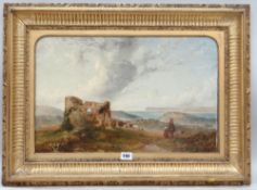 WALTER WILLIAMS oil on board - landscape with ruin and cattle, signed and dated 1889, indistinctly