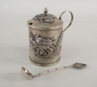A CHINESE WHITE METAL CYLINDER MUSTARD BY WANG HING decorated with a three clawed dragon to the