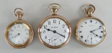 THREE GOLD PLATED OPEN FACED POCKET WATCHES including American Bunn Special watch with engraved