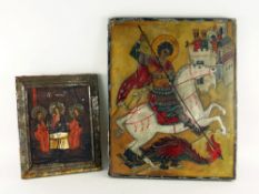 ORTHODOX ICONS of St George and the Dragon & Three Saints around a table, largest 43 x 35cms