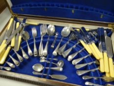 NEAR COMPLETE OAK CANTEEN OF CUTLERY & FLATWARE FOR TWELVE PLACE SETTINGS