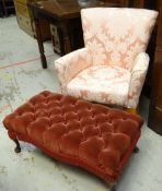 PINK UPHOLSTERED BEDROOM CHAIR and button upholstered foot stool (2)