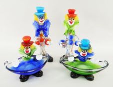 FOUR MURANO COLOURED GLASS CLOWN FIGURINES