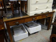 VINTAGE OAK THREE DRAWER WRITING TABLE with green inset writing surface
