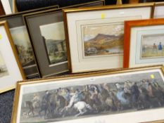 ASSORTED PRINTS & WATERCOLOURS including 'The Pilgrimage to Canterbury' reproduction print after