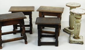 FOUR JOINT OAK STOOLS & TWO PAINTED WOOD COLUMN PEDESTALS, pedestals 53cms high (6)