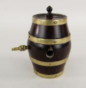 19TH CENTURY LIGNUM VITAE & BRASS BOUND BARREL FORM STRING BOX