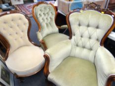 VICTORIAN WALNUT OR STYLE OCCASIONAL CHAIRS comprising armchair, nursing chair and reproduction