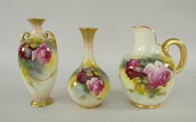THREE ROYAL WORCESTER ITEMS comprising small twin-handled vase, hand painted with roses signed 'M