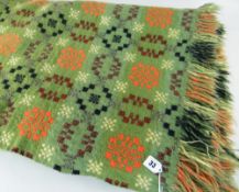 WELSH WOOLEN BLANKET, woven green orange, black, ivory with fringe