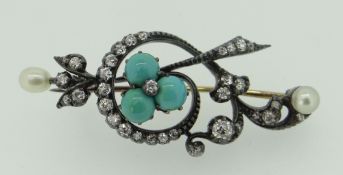 WHITE METAL DIAMOND PEARL & TURQUOISE SCROLL DESIGN BAR BROOCH, 7.4grams