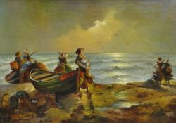 EARLY 20TH CENTURY SCHOOL oil on canvas - herring fisher-women on a beach, bears signature Sidney