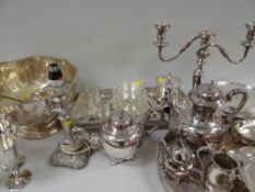 ASSORTED ELECTROPLATED METALWARE including punch bowl, three light candelabrum, wine goblets, hors