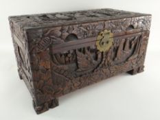 SMALL CHINESE CARVED CAMPHOR WOOD CHEST, 51cms wide