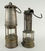 VICTORIAN BRASS DAVY MINERS SAFETY LAMP with gauze funnel, stamped with Prince of Wales feathers,