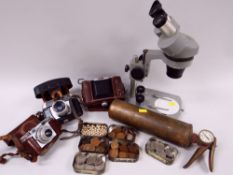 CAMERAS & BINOCULAR MICROSCOPE, sundry copper pennies and a pump
