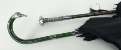 TWO PARASOLS, both silver mounted, one with birds head handle (2)