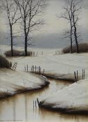 MICHAEL JOHN HILL (b.1956) oil on board - winter scene with river and trees, entitled 'Sussex in