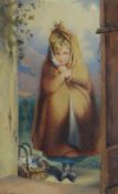 ADA WARMAN watercolour - hooded and cloaked young girl with basket, signed, 22 x 14cms