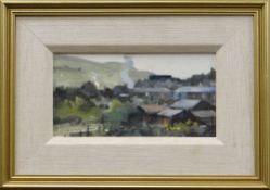 IAN HOUSTON (b.1934) oil on board - valley roof top scene, entitled verso 'At Ebbw Vale', signed, 12