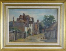 CIRCLE OF LAJOS BRUCK oil on paper - street scene with chickens, bears signature, 25 x 37cms