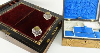 LATE VICTORIAN WALNUT & BOXWOOD STRUNG WRITING SLOPE, lid with gilt brass medallion, signed and