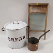 VINTAGE ENAMELED TIN BREAD BIN, Canadian wash board and a copper saucepan