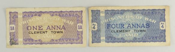 TWO WORLD WAR II PRISON-CAMP BANK NOTES, Prisoner of War Camp, Clement Town, One Anna and Four