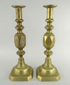 LARGE PAIR OF VICTORIAN BRASS ACE OF DIAMONDS CANDLESTICKS, 36cms high