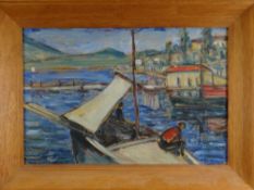 EARLY 20TH CENTURY CONTINENTAL SCHOOL oil on board - fishing boat in harbour, 32 x 48cms