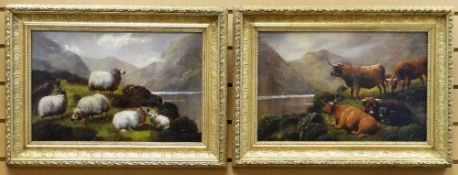 JOHN FOX (English School) oils on canvas, a pair - group of Highland cattle on mountainside, signed,
