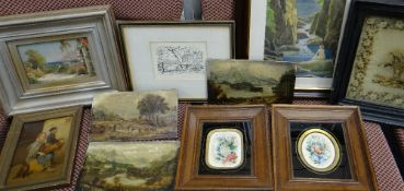 ASSORTED PICTURES including three small landscape oil on board inscribed by Edward Priestley, pair