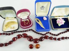 ASSORTED COSTUME JEWELLERY to include 9ct gold heart design earrings, bar brooches and pin, cherry