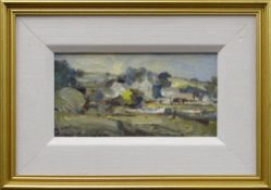 IAN HOUSTON (b.1934) oil on board - cottage on riverbank, entitled verso 'Edge of The Creek