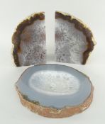 POLISHED QUARTZ (CHALCEDONY) BOOKENDS & ASHTRAY/DISH (3)