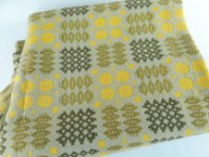 VINTAGE WELSH WOOLEN TAPESTRY BLANKET, mustard, sage and green
