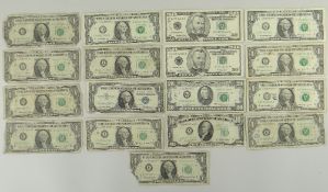 SELECTION OF USA BANK NOTES to include 13 x one dollar notes, 1 x ten dollar notes, 1 x twenty