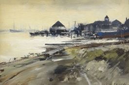 IAN HOUSTON (b.1934) oil on board - boat builders yard on riverbank, entitled verso 'Darby's Hard