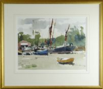 JOHN YARDLEY RI (b.1933) watercolour - moored fishing boats at low tide, entitled verso 'High and