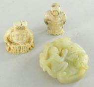 CHINESE GREEN HARDSTONE PENDANT IN THE FORM OF A MONKEY & DRAGON, together with two early 20th