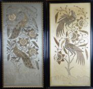TWO METAL THREAD & SILK EMBROIDERED PANELS, probably Indian circa 1900, depicting peacocks and