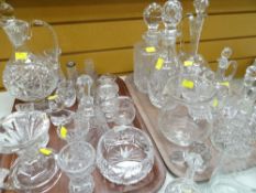 ASSORTED CUT GLASSWARE including four decanters, various vases, bell's ETC