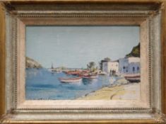 IAN HOUSTON (b.1934) oil on board - Greek harbour scene with moored fishing boats and figures,