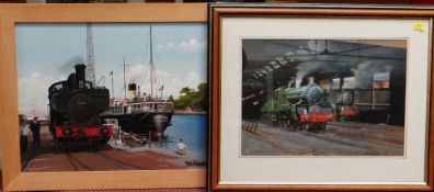 RAILWAY INTEREST PICTURES comprising Archie Jones acrylic - St Helier docking beside GWR tank