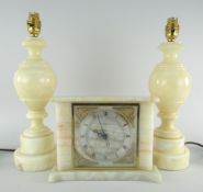 MID CENTURY SMITHS EIGHT-DAY TABLE CLOCK in onyx encasement with silver dial, and pair of marble