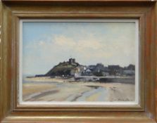 IAN HOUSTON (b.1934) oil on board - view across beach looking towards Criccieth Castle, entitled
