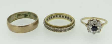 THREE 18CT YELLOW GOLD RINGS comprising diamond chip eternity ring, diamond and ruby set ring and