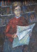 MURIEL NEWSON-SMITH oil on board - female reading newspaper in front of bookcase, entitled verso '