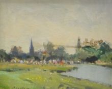 IAN HOUSTON (b.1934) oil on board - view across meadow and river with Church steeple in